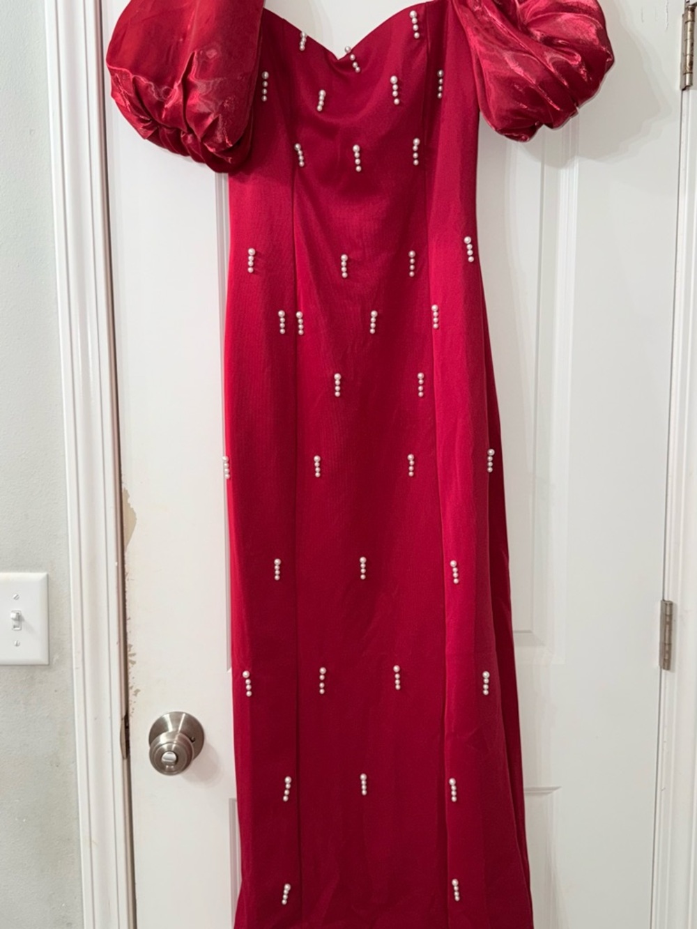 Red Pearl-Embellished Puff Sleeve Maxi Dress